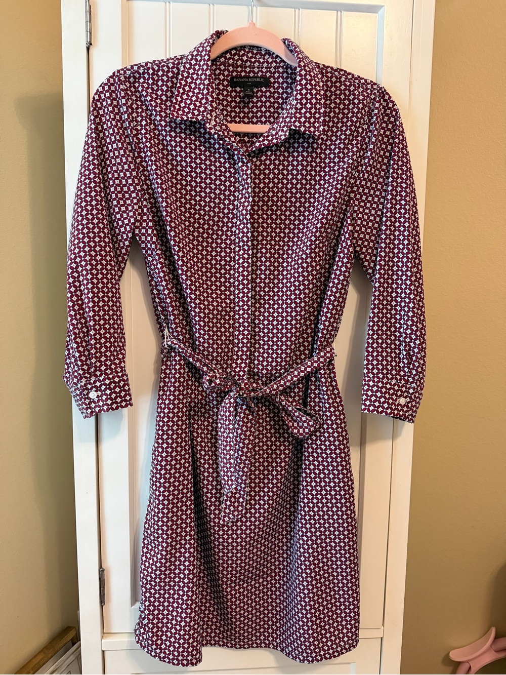 Banana Republic Geometric Print Tie Waist Shirt Dress Size 6 Red Blue